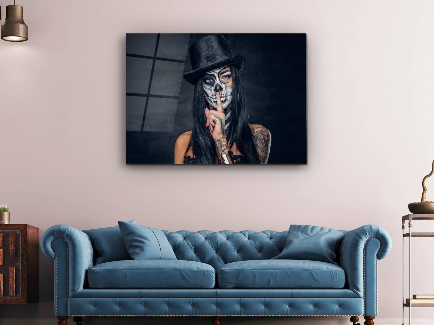 Gotik Tarz Portre Cam Tablo – Modern Dekoratif Ev ve Ofis Tablosu - İskelet Makyajlı Kadın