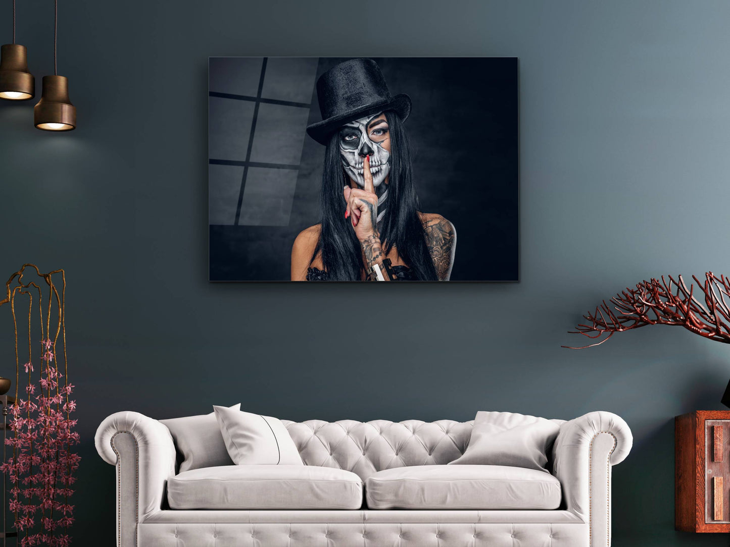 Gotik Tarz Portre Cam Tablo – Modern Dekoratif Ev ve Ofis Tablosu - İskelet Makyajlı Kadın