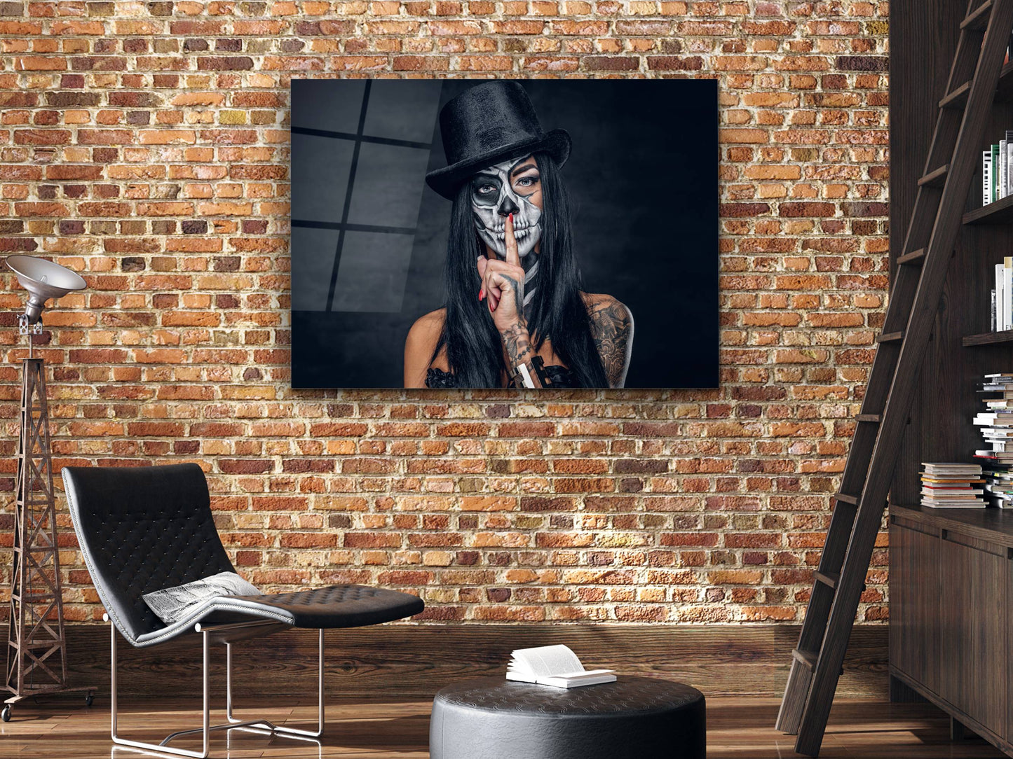 Gotik Tarz Portre Cam Tablo – Modern Dekoratif Ev ve Ofis Tablosu - İskelet Makyajlı Kadın