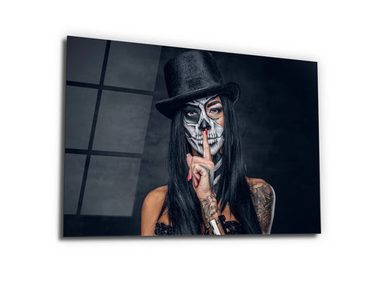 Gotik Tarz Portre Cam Tablo – Modern Dekoratif Ev ve Ofis Tablosu - İskelet Makyajlı Kadın