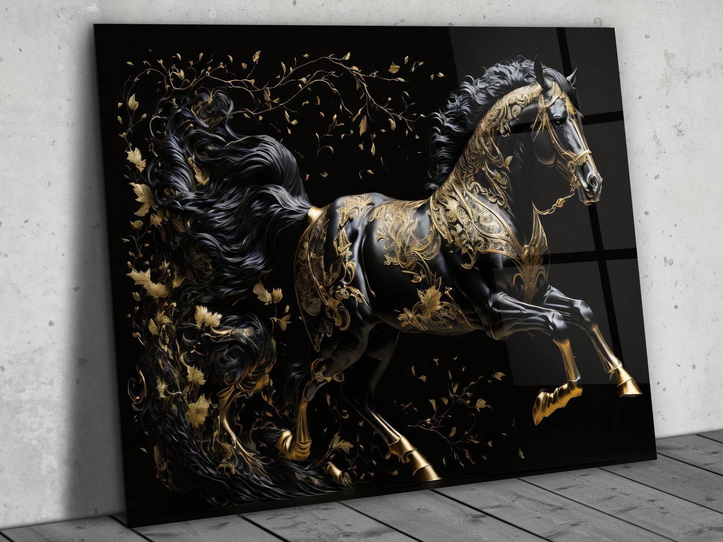 Gold Desenli Siyah At Cam Tablo – Soyut ve Modern Dekoratif Ev ve Ofis Tablosu