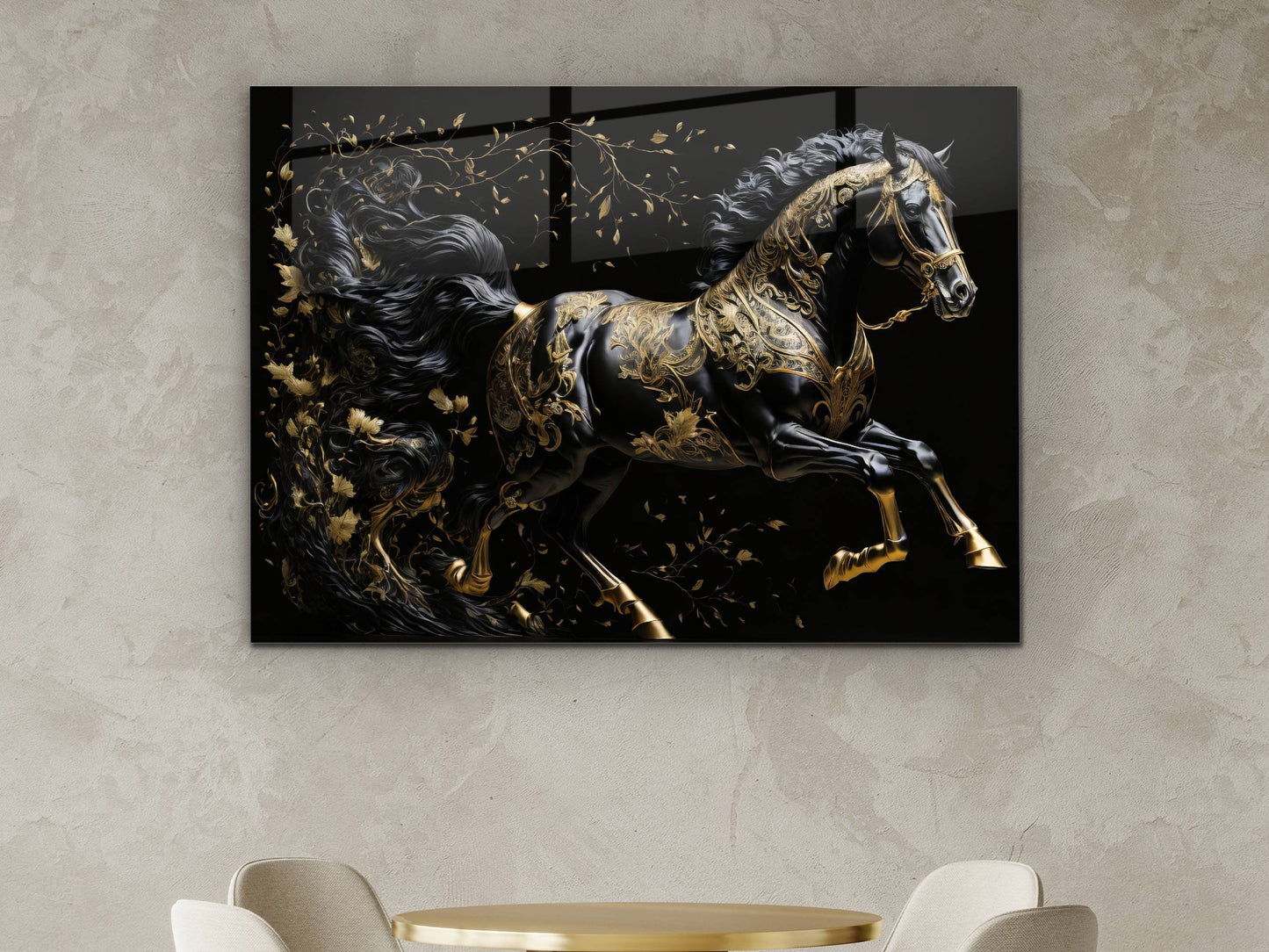 Gold Desenli Siyah At Cam Tablo – Soyut ve Modern Dekoratif Ev ve Ofis Tablosu