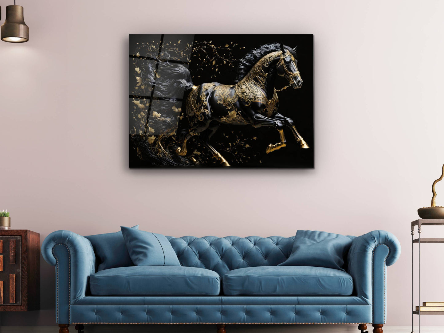 Gold Desenli Siyah At Cam Tablo – Soyut ve Modern Dekoratif Ev ve Ofis Tablosu