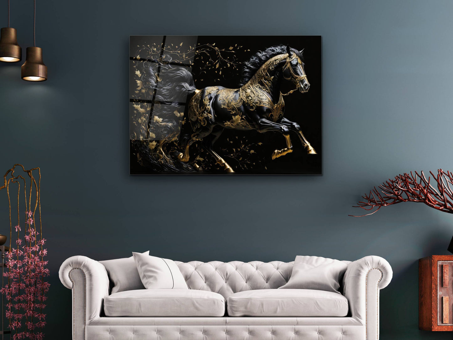 Gold Desenli Siyah At Cam Tablo – Soyut ve Modern Dekoratif Ev ve Ofis Tablosu
