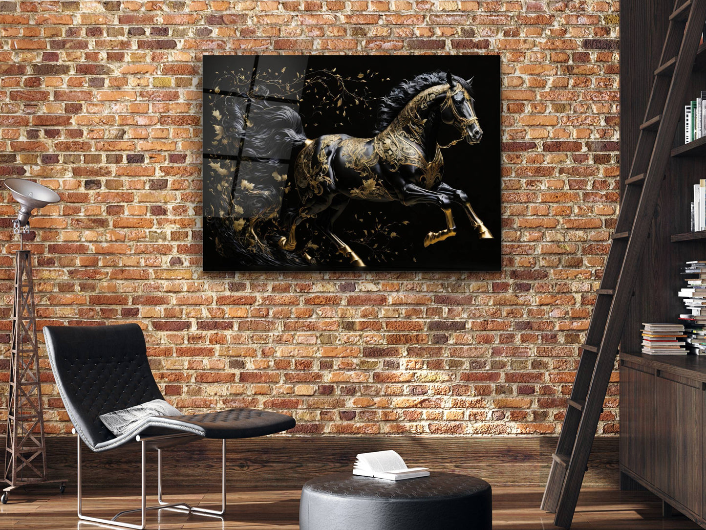 Gold Desenli Siyah At Cam Tablo – Soyut ve Modern Dekoratif Ev ve Ofis Tablosu