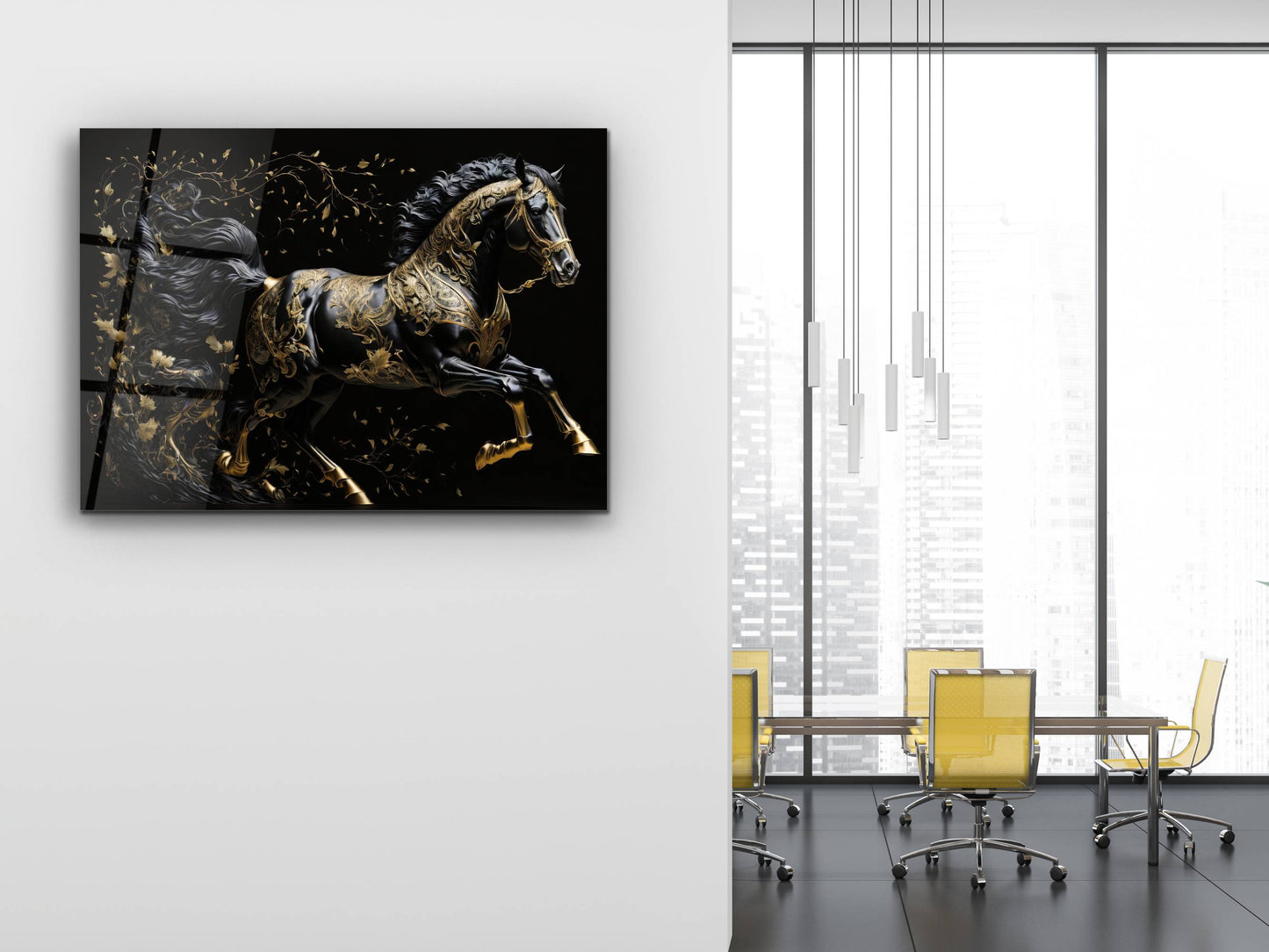 Gold Desenli Siyah At Cam Tablo – Soyut ve Modern Dekoratif Ev ve Ofis Tablosu