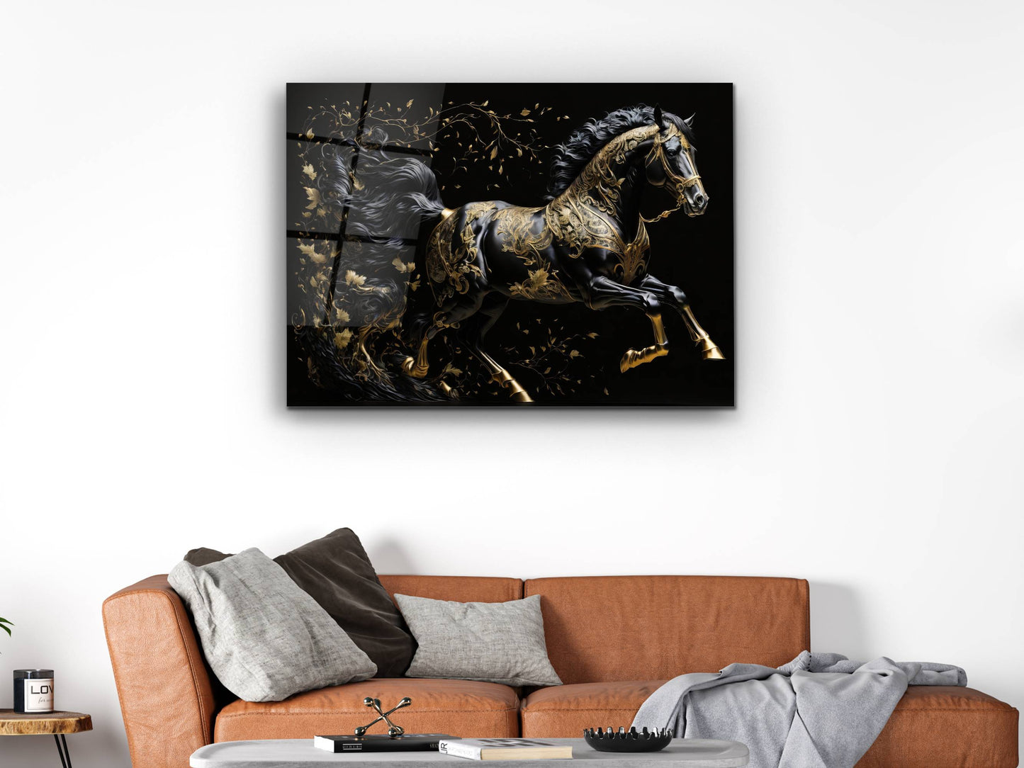 Gold Desenli Siyah At Cam Tablo – Soyut ve Modern Dekoratif Ev ve Ofis Tablosu