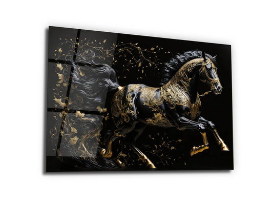 Gold Desenli Siyah At Cam Tablo – Soyut ve Modern Dekoratif Ev ve Ofis Tablosu