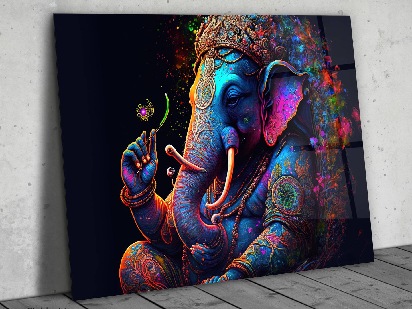 Ganesha Temalı Renkli Fil Cam Tablo – Spiritüel ve Dekoratif Ev Ofis Duvar Tablosu