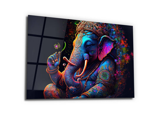 Ganesha Temalı Renkli Fil Cam Tablo – Spiritüel ve Dekoratif Ev Ofis Duvar Tablosu