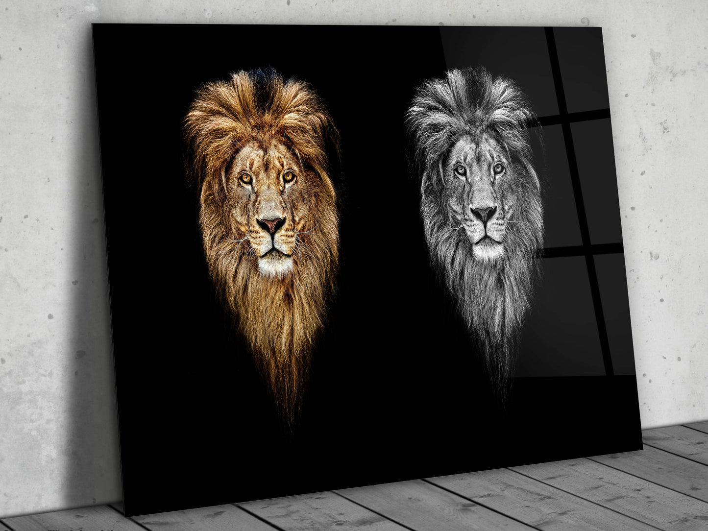 İkili Aslan Portresi Cam Tablo – Modern Duvar Tablosu