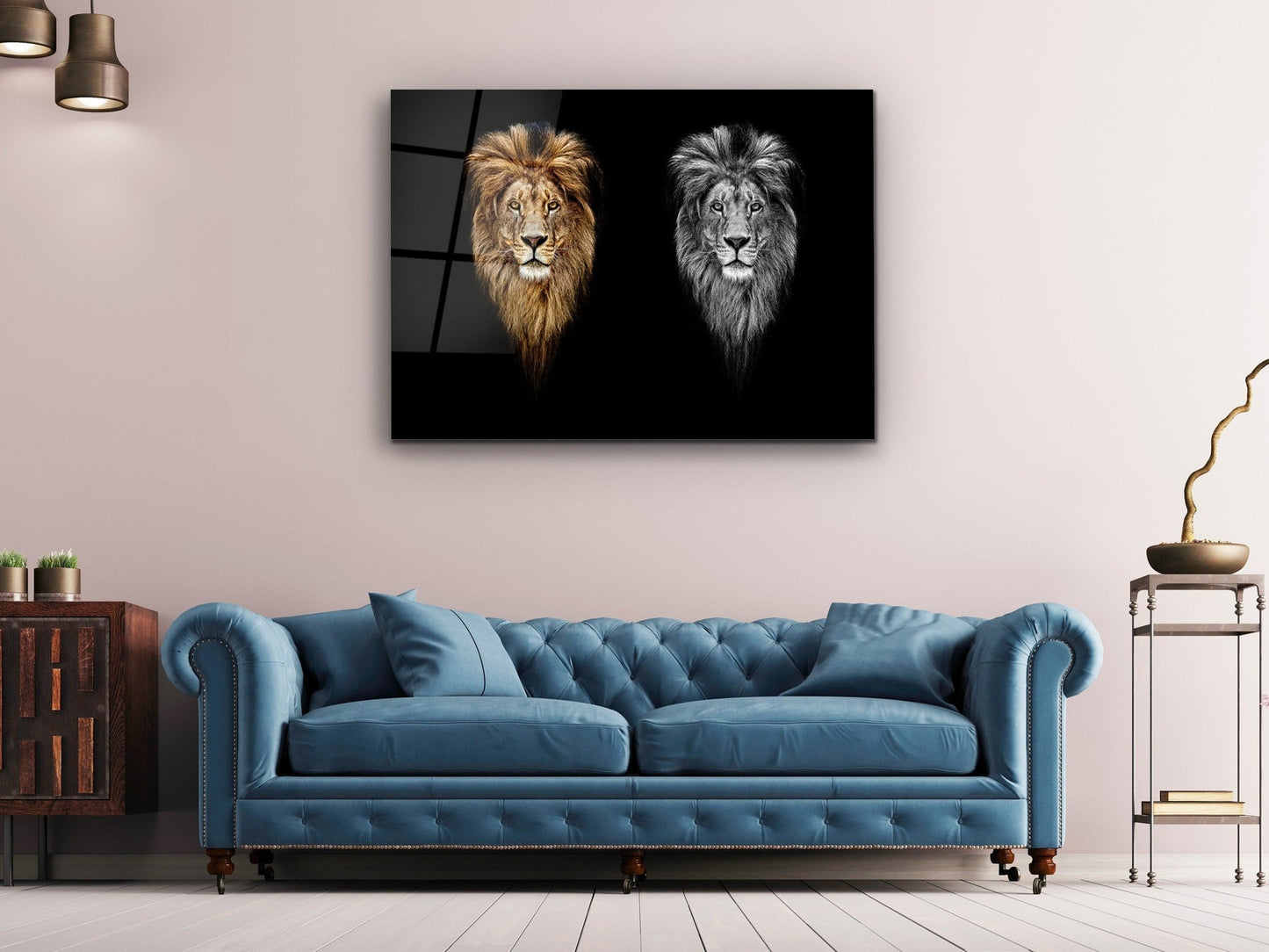 İkili Aslan Portresi Cam Tablo – Modern Duvar Tablosu