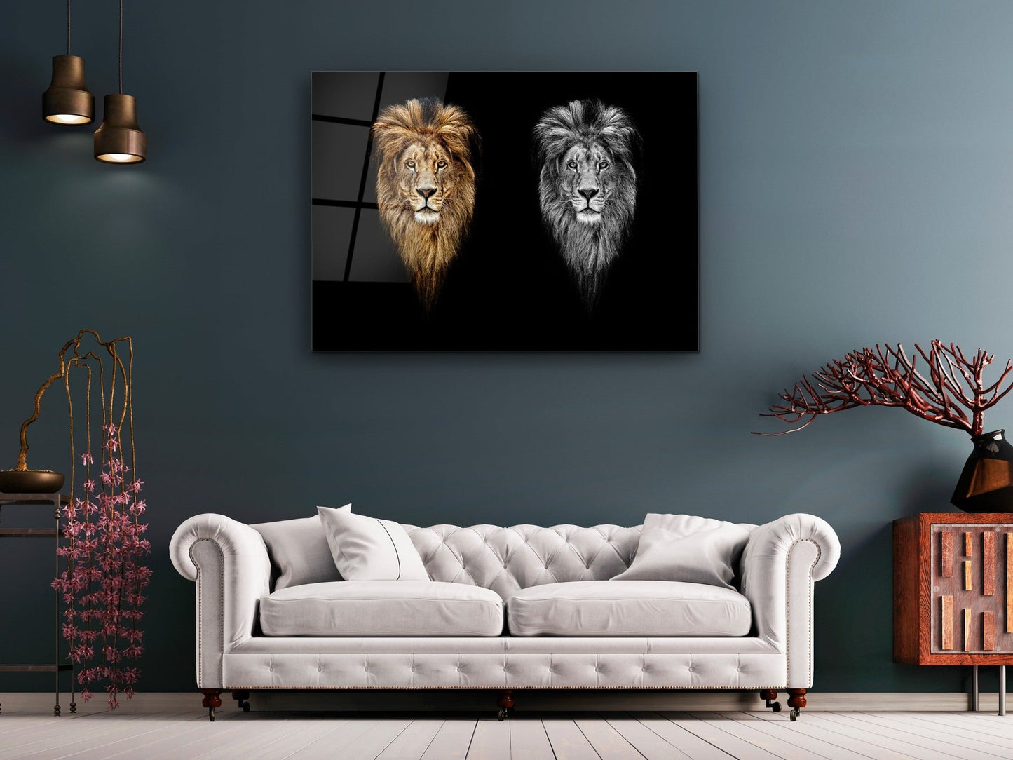 İkili Aslan Portresi Cam Tablo – Modern Duvar Tablosu