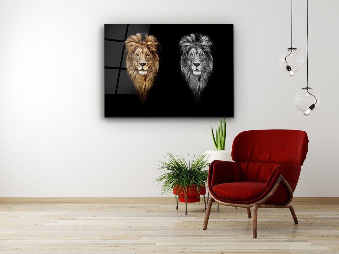 İkili Aslan Portresi Cam Tablo – Modern Duvar Tablosu
