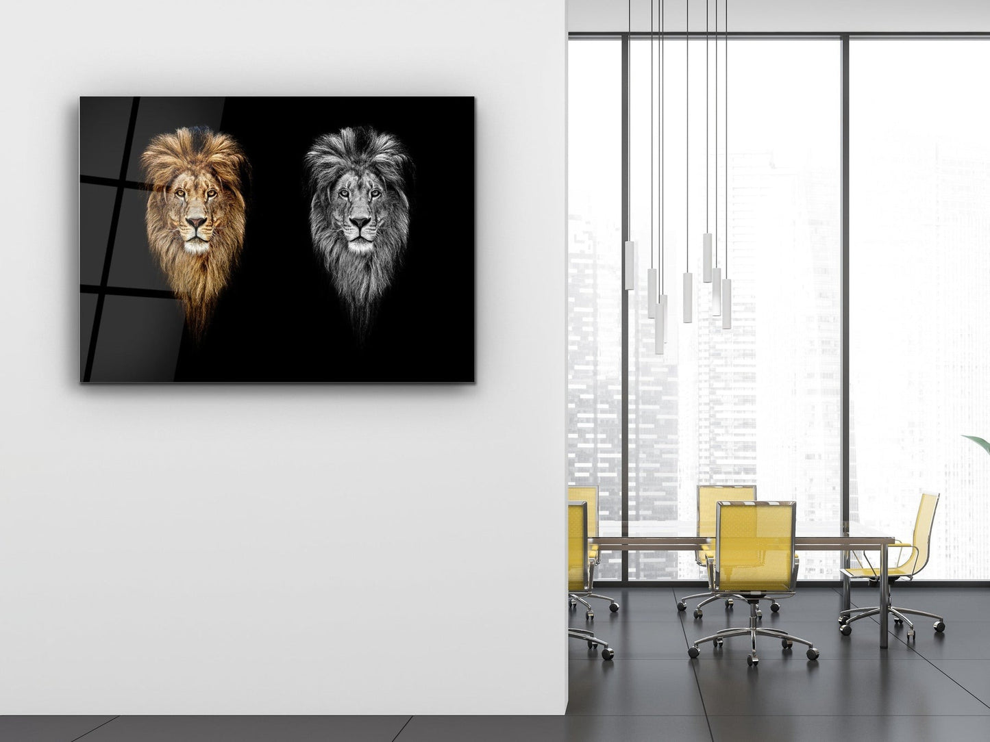 İkili Aslan Portresi Cam Tablo – Modern Duvar Tablosu