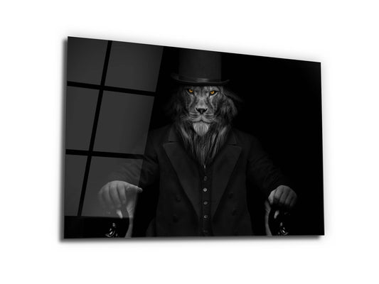 Lord Aslan Cam Tablo – Şapkalı ve Bastonlu Aslan Tablosu - Dekoratif Tablo