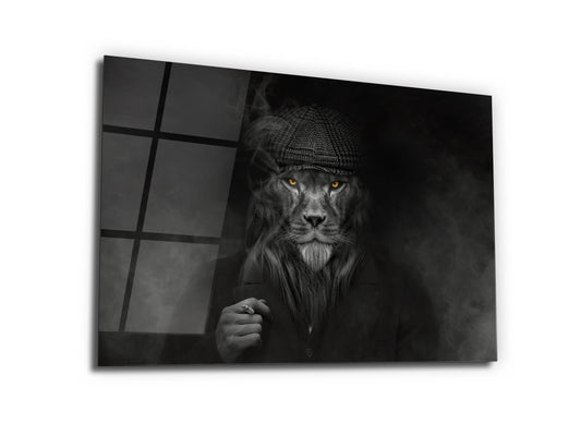 Şapkalı Aslan Cam Tablo - Aslan Dekoratif Tablo