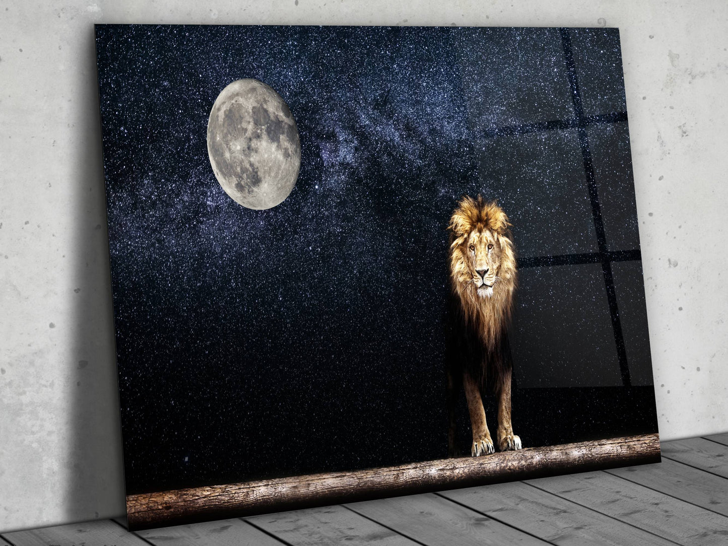 Gece ve Ay Işığında Aslan Cam Duvar Tablosu – Modern Ev ve Ofis İçin Dekoratif Tablo