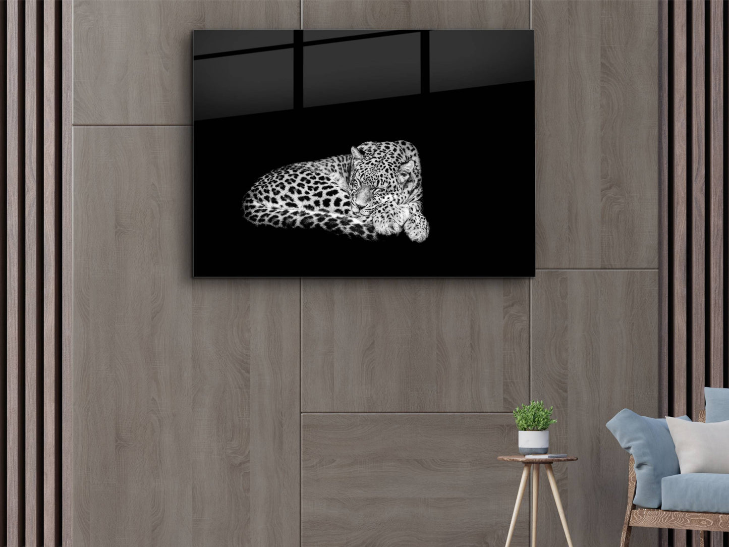 Uyuyan Leopar Cam Tablo – Siyah Beyaz Minimalist Hayvan Tablosu