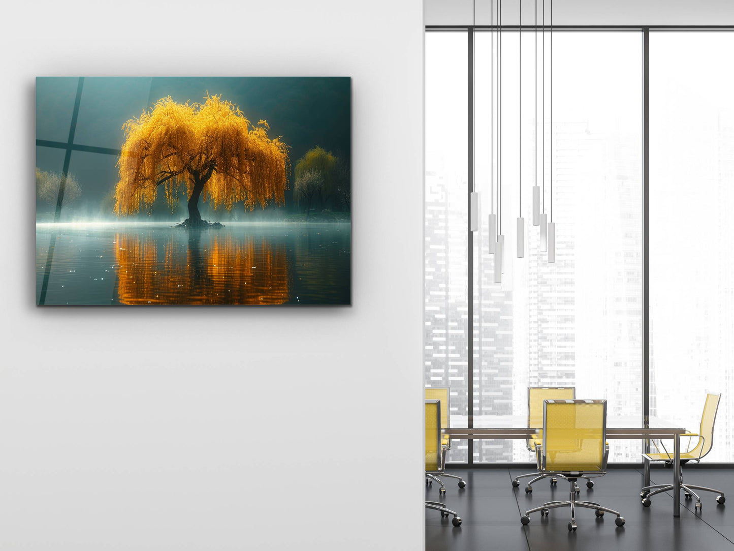 Gold Söğüt Ağacı ve Yansıması Duvar Dekoru – Doğal Minimalist Manzara Cam Tablo