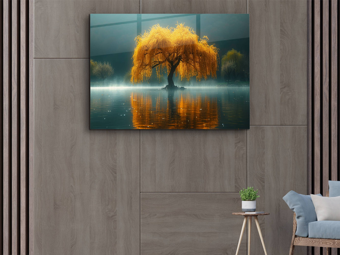Gold Söğüt Ağacı ve Yansıması Duvar Dekoru – Doğal Minimalist Manzara Cam Tablo
