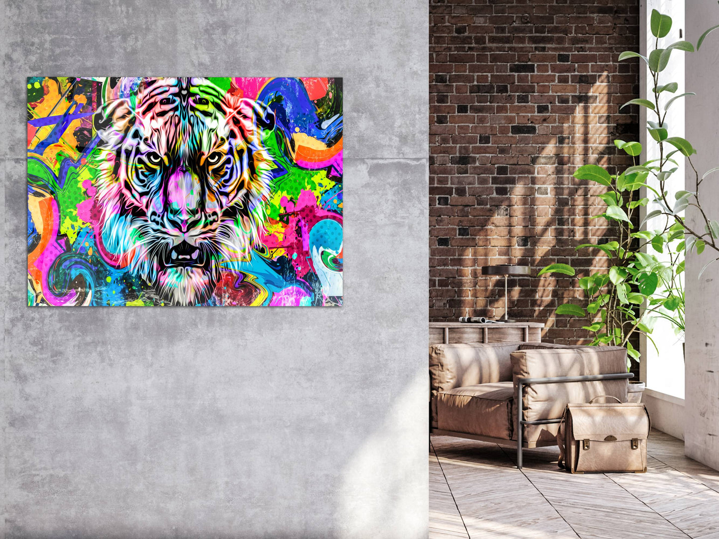 Soyut Renkli Kaplan Cam Tablo – Pop Art Tarzı Ev ve Ofis Dekoru