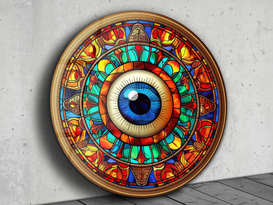 Göz ve Mandala Desenli Vitray Cam Tablo – Spiritüel Sanat - Yuvarlak Renkli Duvar Dekoru