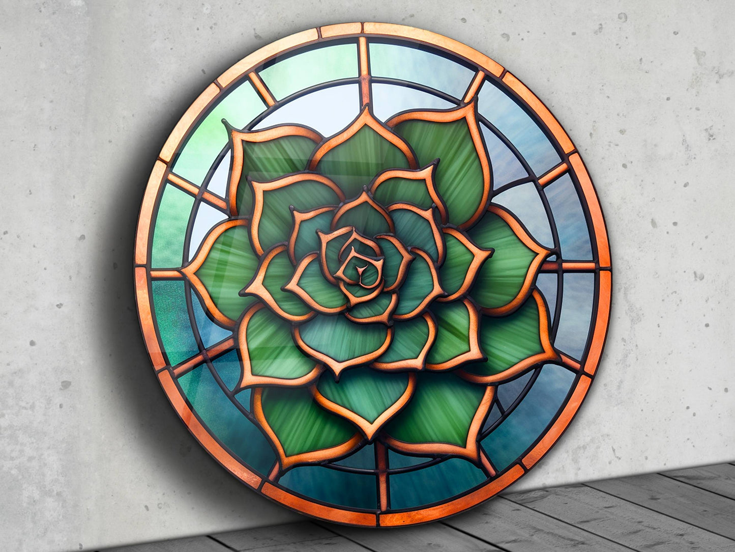 Lotus Vitray Stil Yuvarlak Cam Tablo – Modern Duvar Dekoru