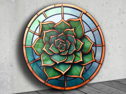 Lotus Vitray Stil Yuvarlak Cam Tablo – Modern Duvar Dekoru