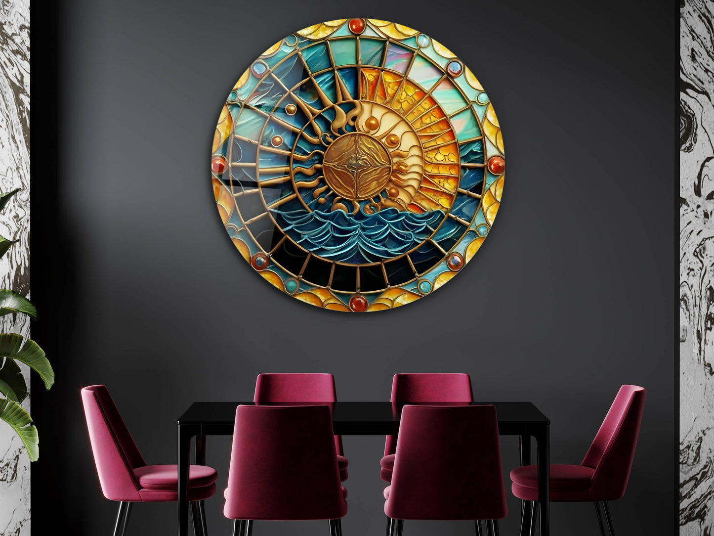Güneş Ay Okyanus Temalı Vitray Cam Tablo