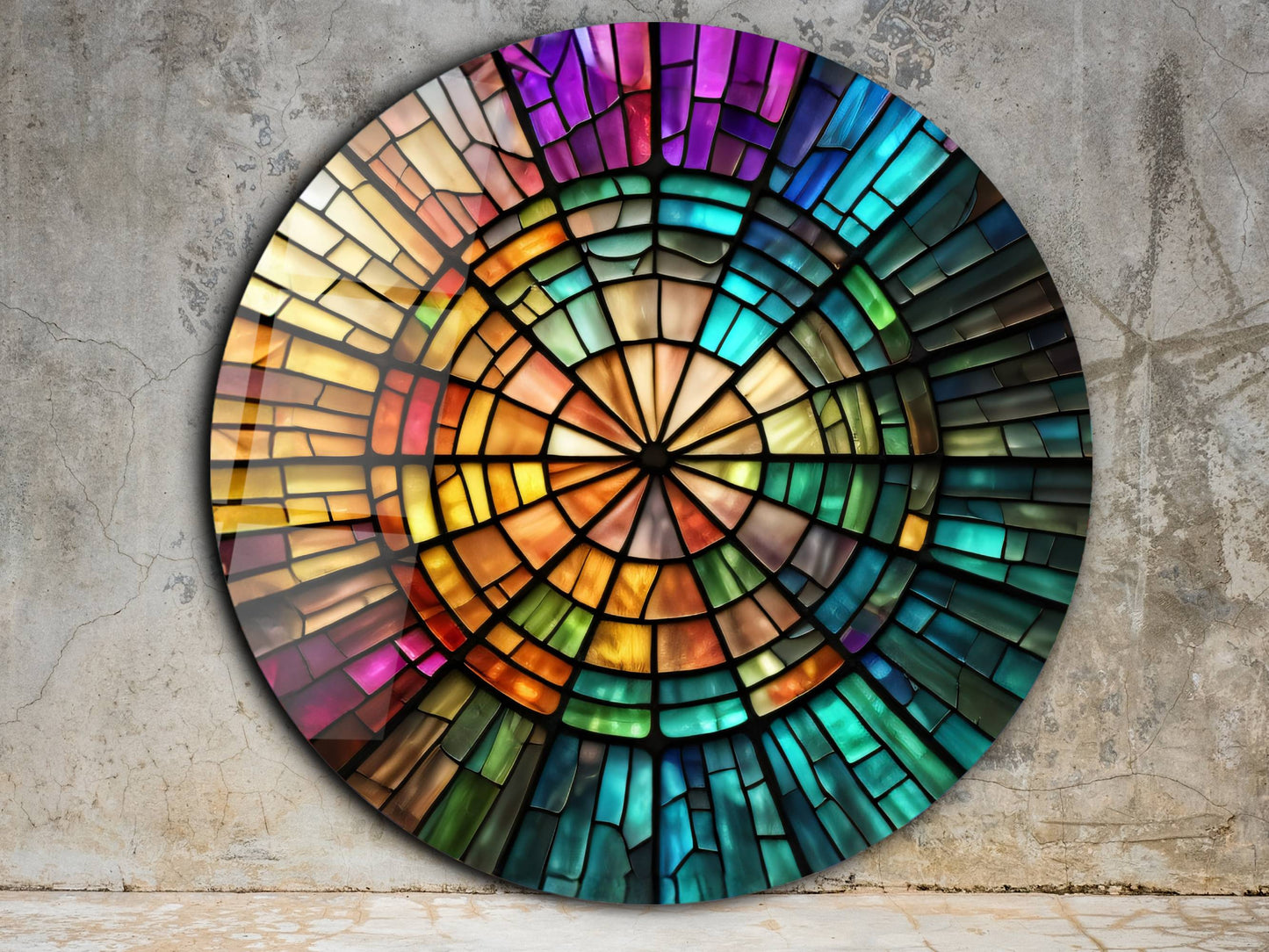 Spiral Vitray Desenli Renkli Cam Tablo – Yuvarlak Modern Duvar Dekoru