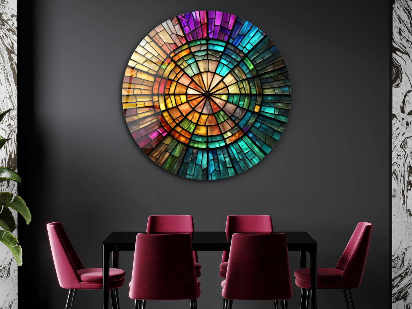 Spiral Vitray Desenli Renkli Cam Tablo – Yuvarlak Modern Duvar Dekoru