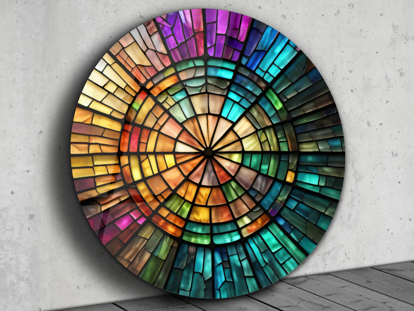 Spiral Vitray Desenli Renkli Cam Tablo – Yuvarlak Modern Duvar Dekoru