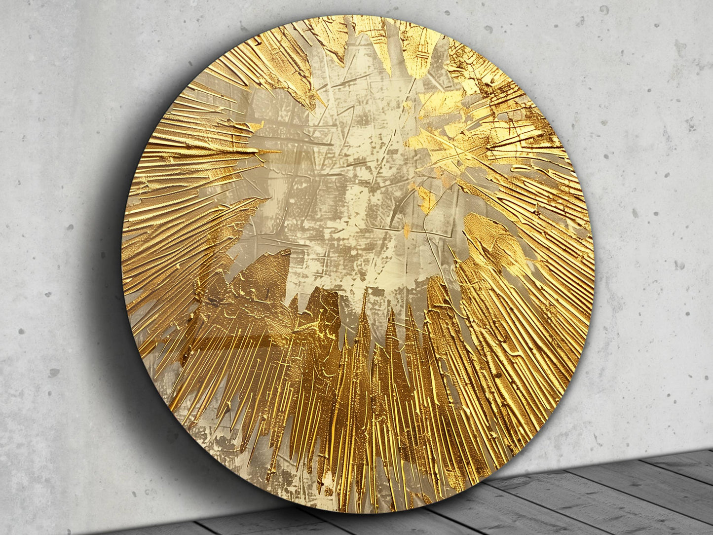 Gold Patlama Efektli Soyut Cam Tablo – Modern Yuvarlak Dekoratif Tasarım Tablo