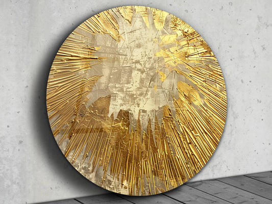 Gold Patlama Efektli Soyut Cam Tablo – Modern Yuvarlak Dekoratif Tasarım Tablo