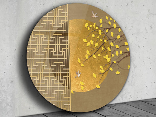 Kuş ve Yaprak Desenli Cam Tablo – Gold Yuvarlak Modern Duvar Dekoru