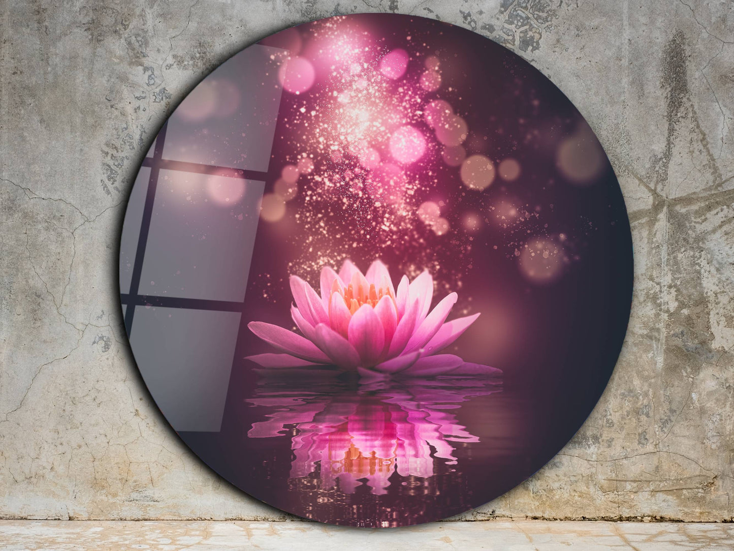 Lotus Çiçeği Cam Tablo – Romantik ve Mistik Yuvarlak Duvar Tablosu