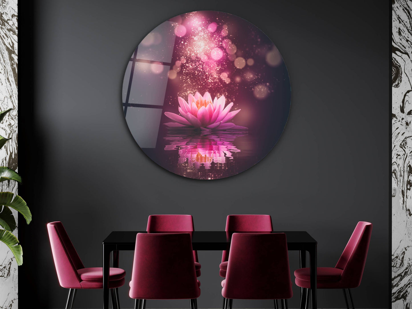 Lotus Çiçeği Cam Tablo – Romantik ve Mistik Yuvarlak Duvar Tablosu