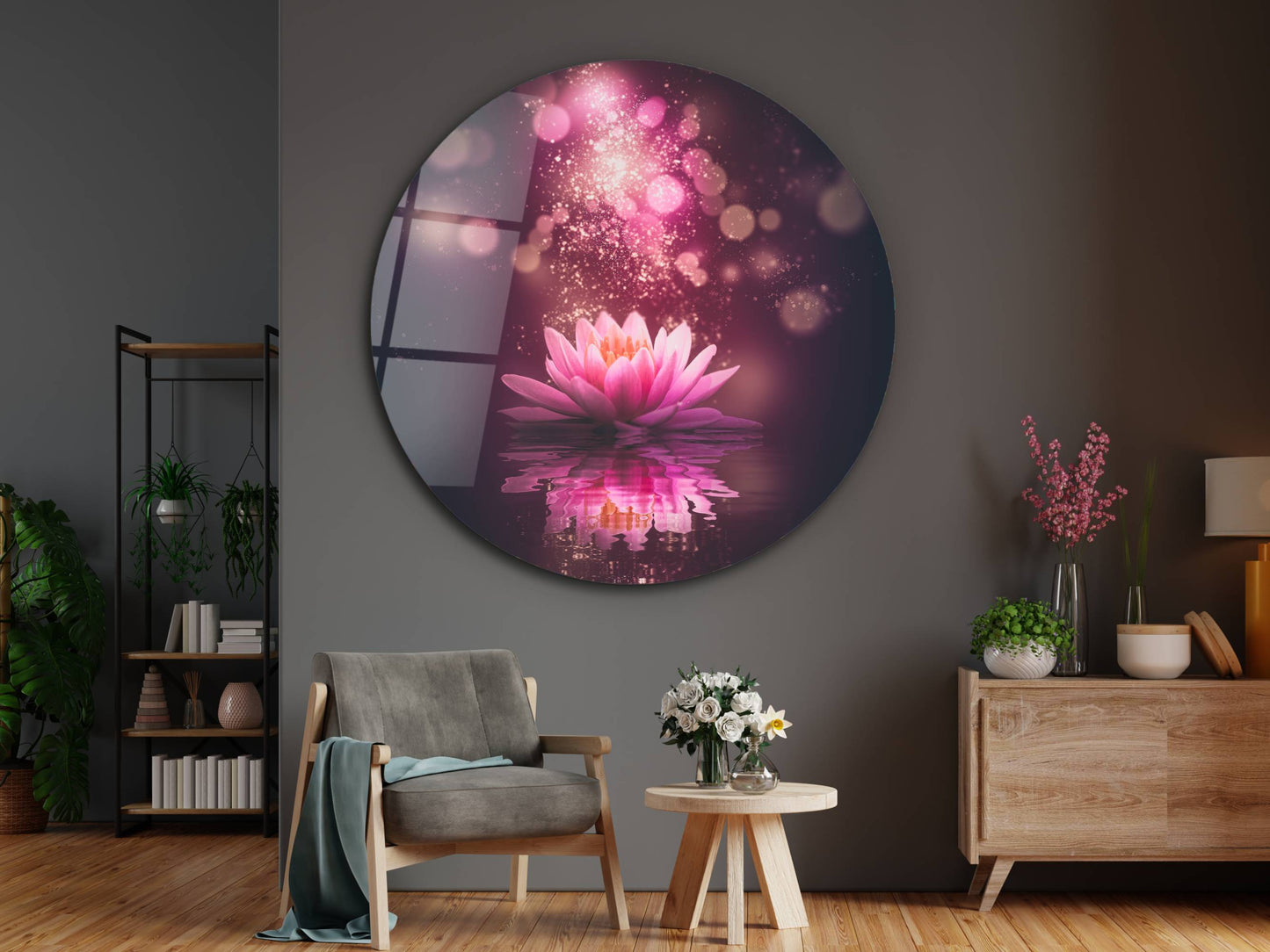 Lotus Çiçeği Cam Tablo – Romantik ve Mistik Yuvarlak Duvar Tablosu