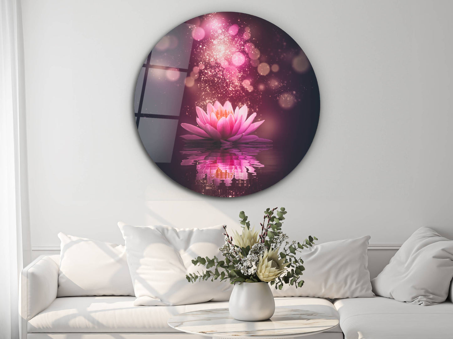 Lotus Çiçeği Cam Tablo – Romantik ve Mistik Yuvarlak Duvar Tablosu