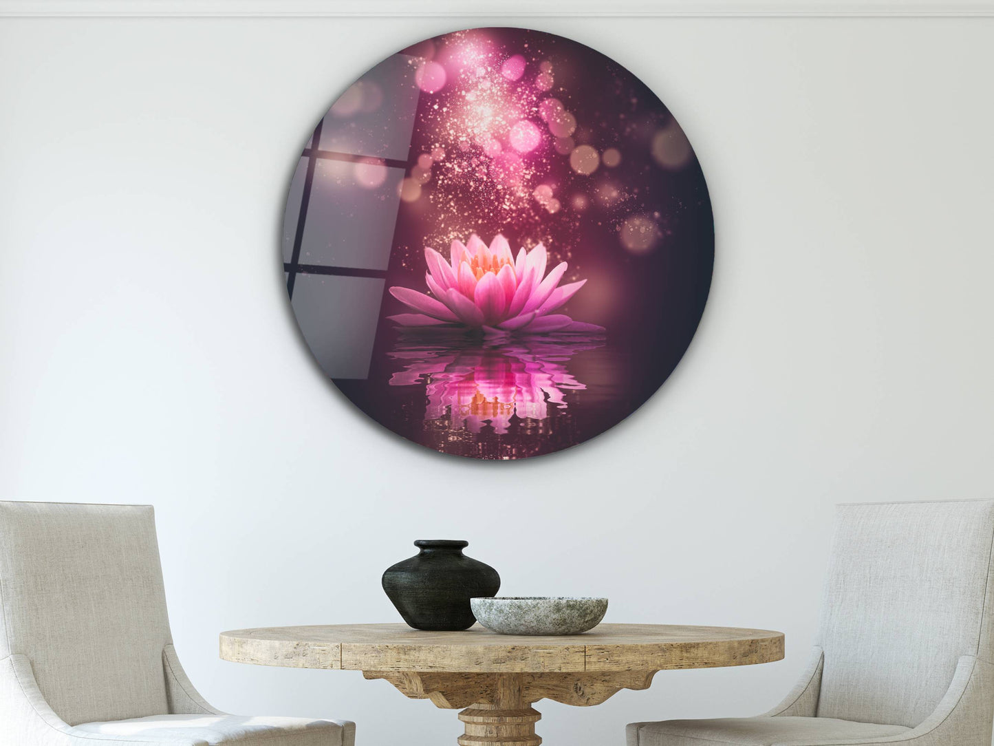 Lotus Çiçeği Cam Tablo – Romantik ve Mistik Yuvarlak Duvar Tablosu
