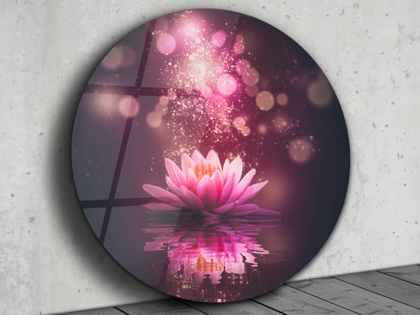 Lotus Çiçeği Cam Tablo – Romantik ve Mistik Yuvarlak Duvar Tablosu
