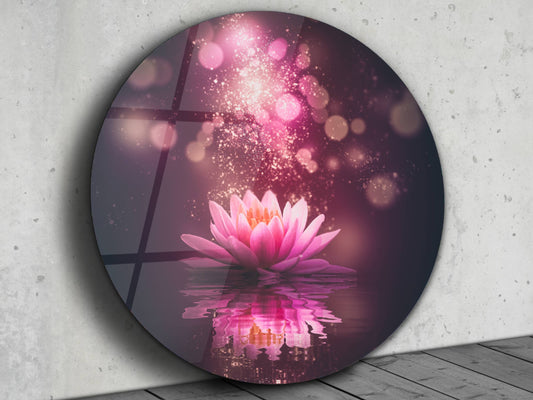 Lotus Çiçeği Cam Tablo – Romantik ve Mistik Yuvarlak Duvar Tablosu
