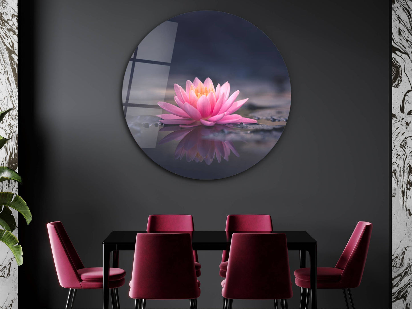Pembe Lotus Çiçeği Cam Tablo – Yuvarlak Zen ve Doğa Temalı Tablo