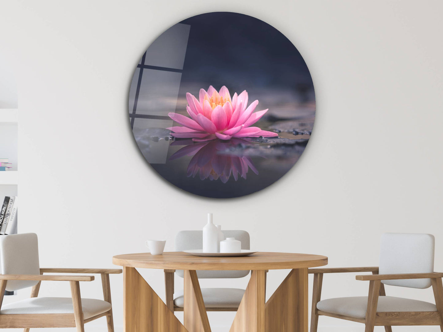 Pembe Lotus Çiçeği Cam Tablo – Yuvarlak Zen ve Doğa Temalı Tablo