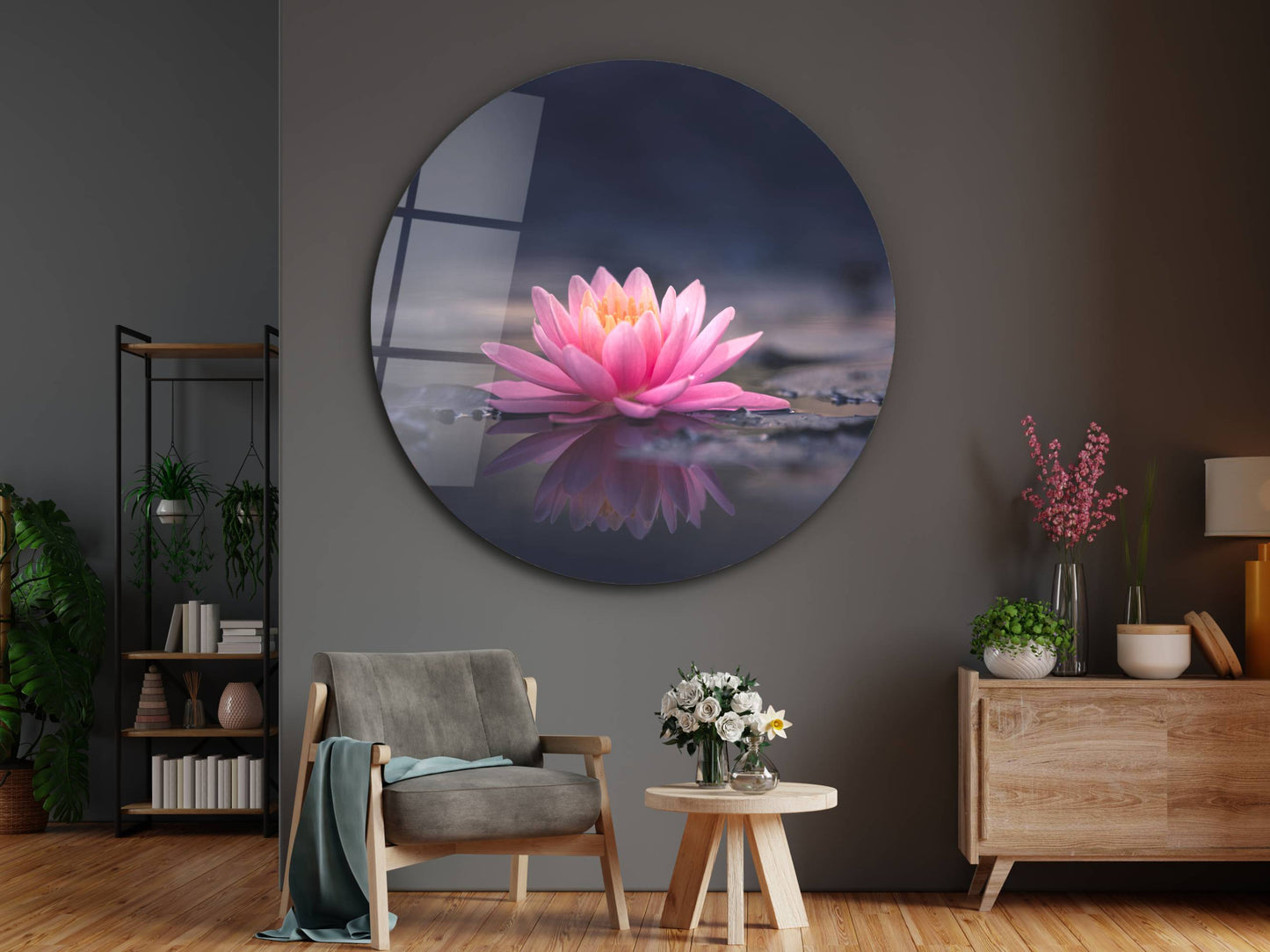 Pembe Lotus Çiçeği Cam Tablo – Yuvarlak Zen ve Doğa Temalı Tablo