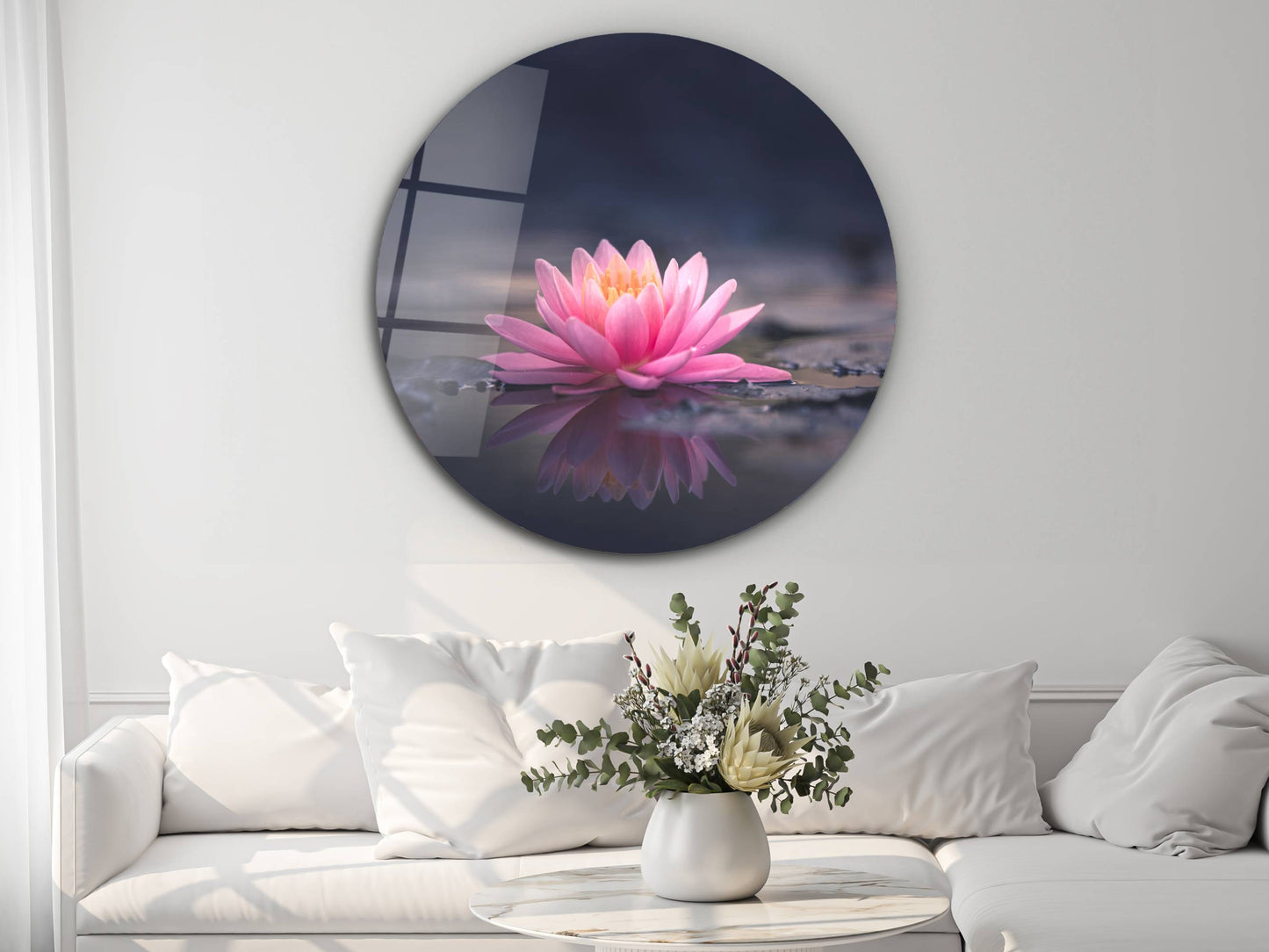 Pembe Lotus Çiçeği Cam Tablo – Yuvarlak Zen ve Doğa Temalı Tablo