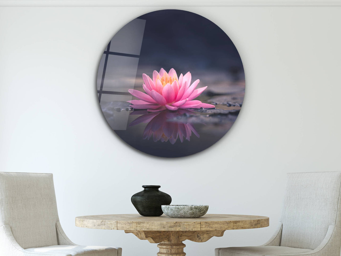 Pembe Lotus Çiçeği Cam Tablo – Yuvarlak Zen ve Doğa Temalı Tablo