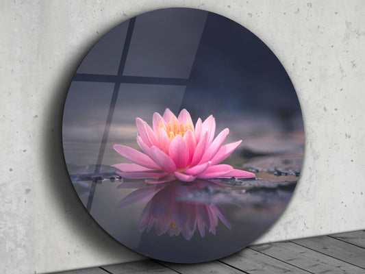 Pembe Lotus Çiçeği Cam Tablo – Yuvarlak Zen ve Doğa Temalı Tablo