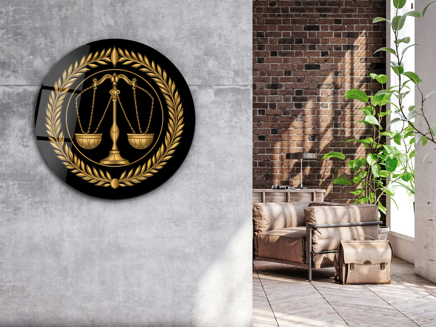 Yuvarlak Cam Tablo – Altın Adalet Terazisi ve Defne Çelengi Ofis Duvar Dekoru